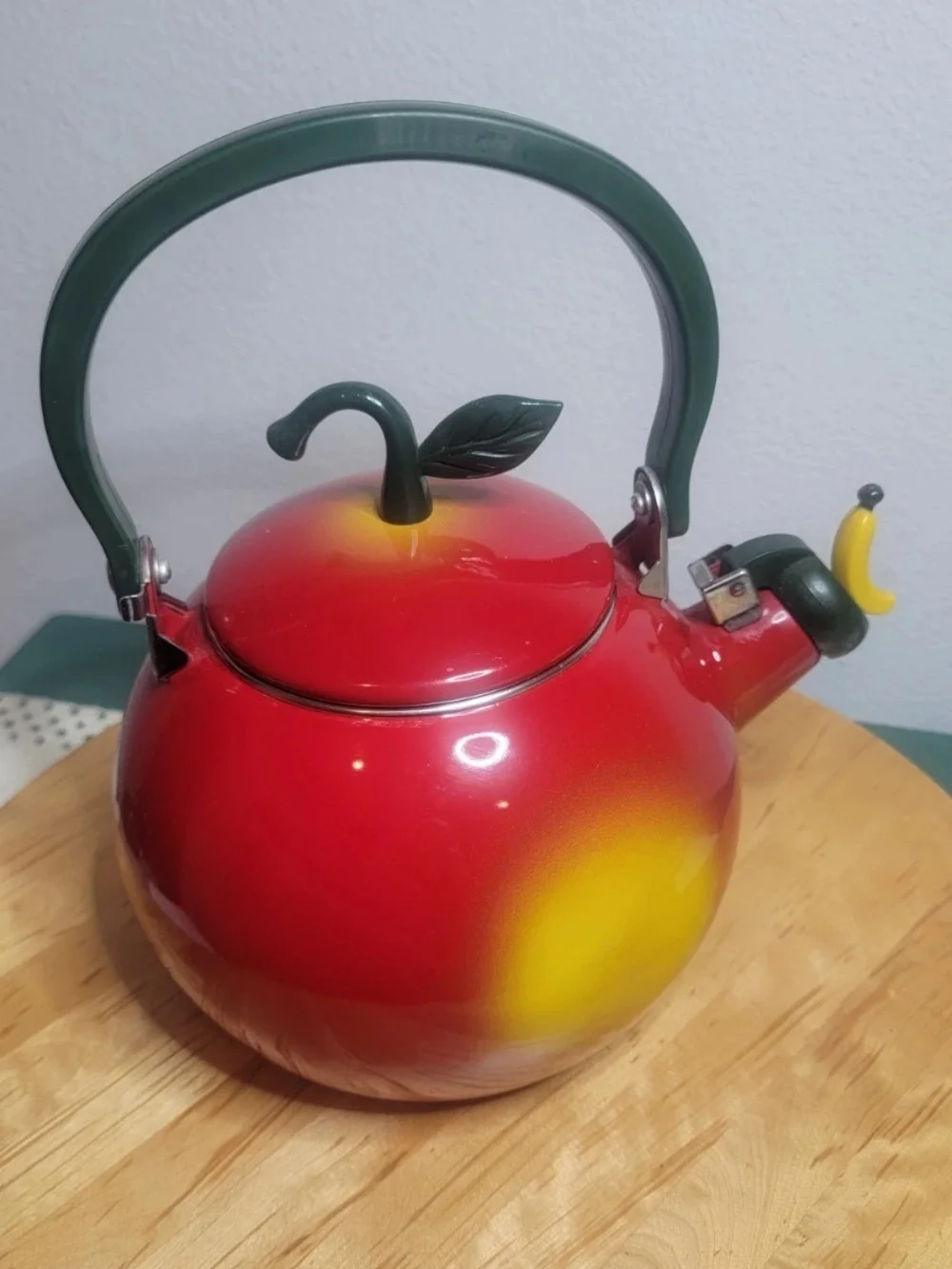 Decorative Red and Yellow Apple Whistling Tea Kettle with Green Handle